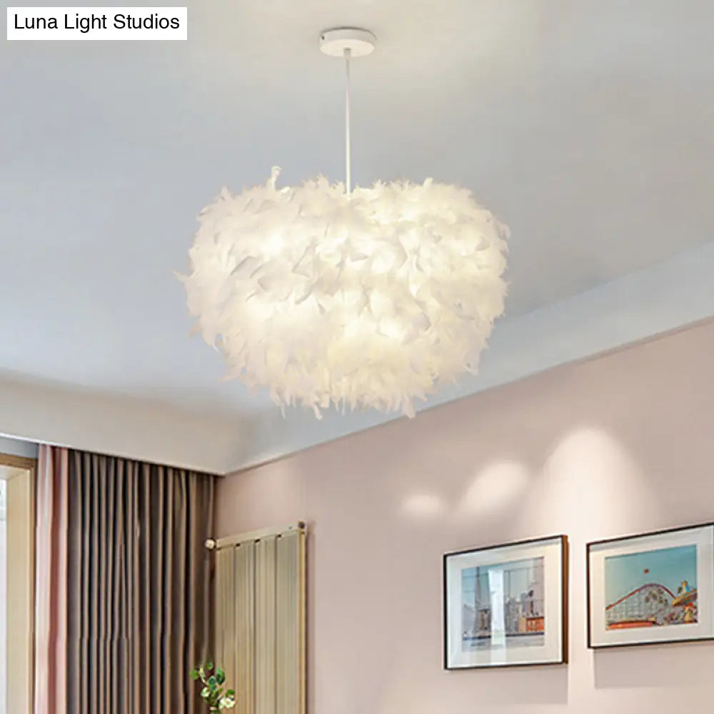 White Goose Feather Dome Ceiling Light Fixture - Elegant Pendant for Bedroom