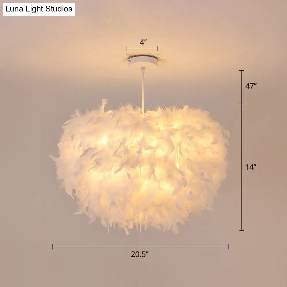 White Goose Feather Dome Ceiling Light Fixture - Elegant Pendant for Bedroom