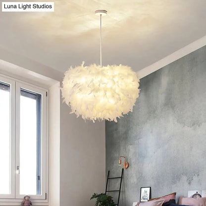 White Goose Feather Dome Ceiling Light Fixture - Elegant Pendant for Bedroom