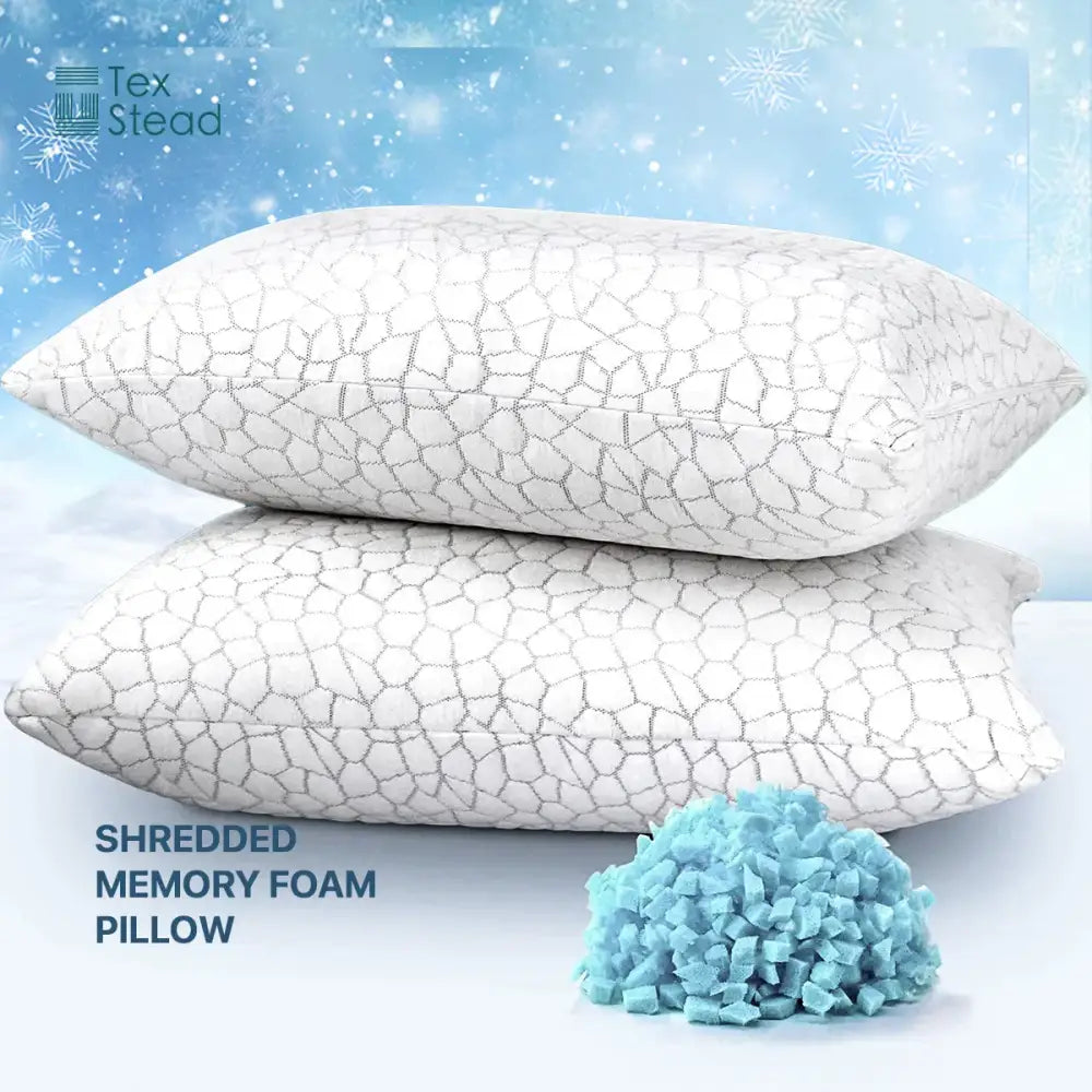 White gray geometric cooling shredded sponge memory foam pillow with soft fabric cover by Tex Stead for bedroom use
