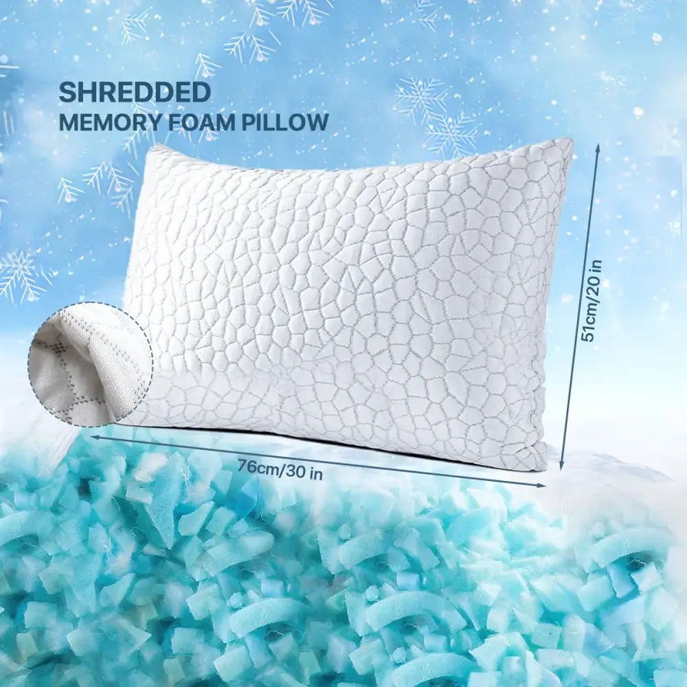 White gray geometric cooling shredded sponge memory foam pillow with quilted textured surface and soft fabric cover