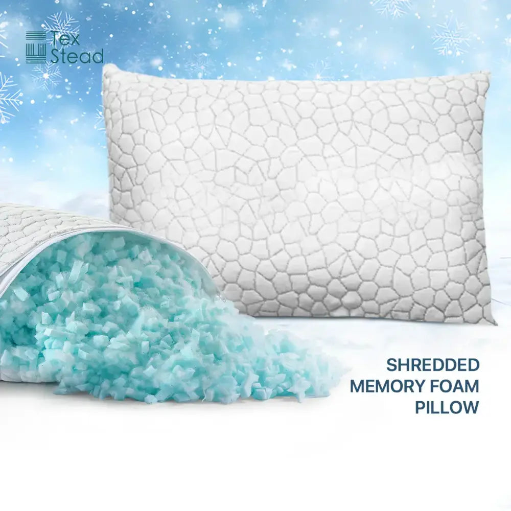 White gray geometric cooling shredded sponge memory foam pillow with cracked pattern and shredded light blue filling