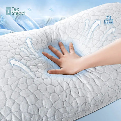 White quilted memory foam pillow with cooling shredded sponge and honeycomb texture for bedroom comfort