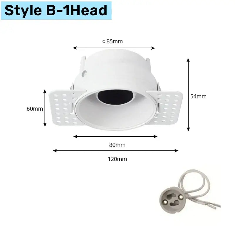 White plastic recessed double head square led downlight fixture with circular opening and perforated mounting flanges