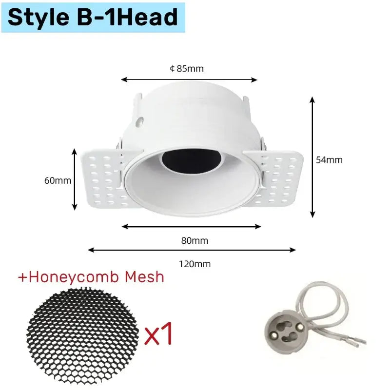 White honeycomb double head square led downlight with recessed circular white fixture and perforated mounting flanges