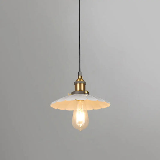 White Industrial Metal Scalloped Umbrella Pendant Light - Single Ceiling Hanging