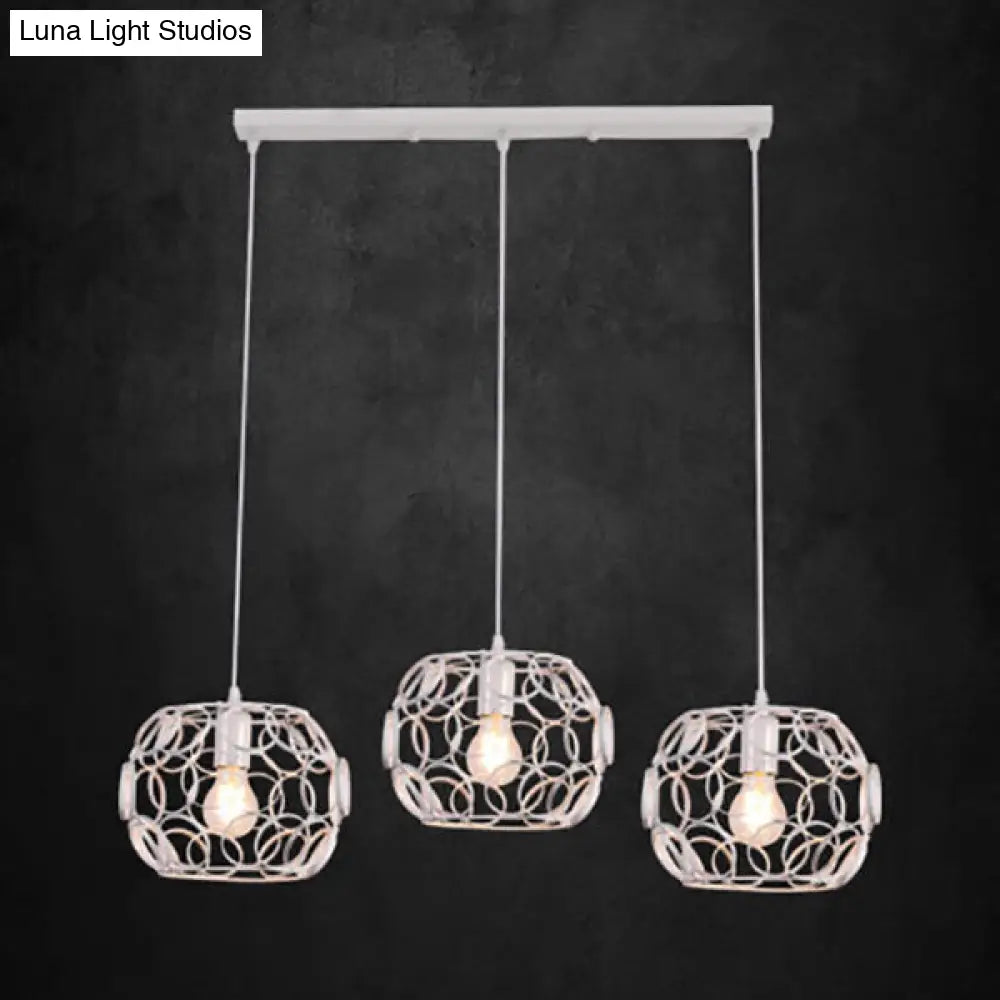 White Iron Globe Pendant Light with Wire Frame - Industrial, Hotel, Shop Lighting (3 Bulbs)