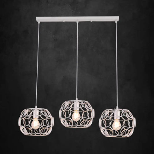 White Iron Globe Pendant Light with Wire Frame - Industrial, Hotel, Shop Lighting (3 Bulbs)