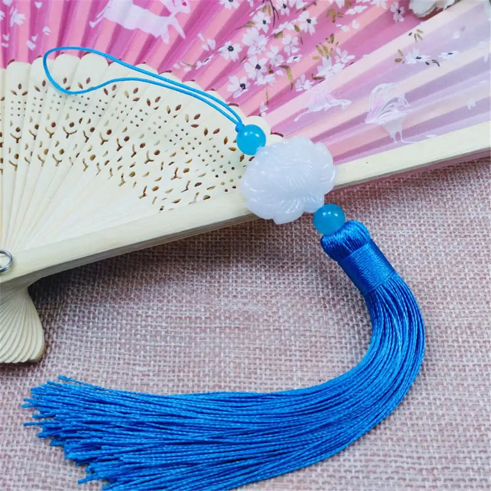 White jade lotus decorative pendant with cloud-shaped jade, blue beads, and royal blue silk tassel for living room decor