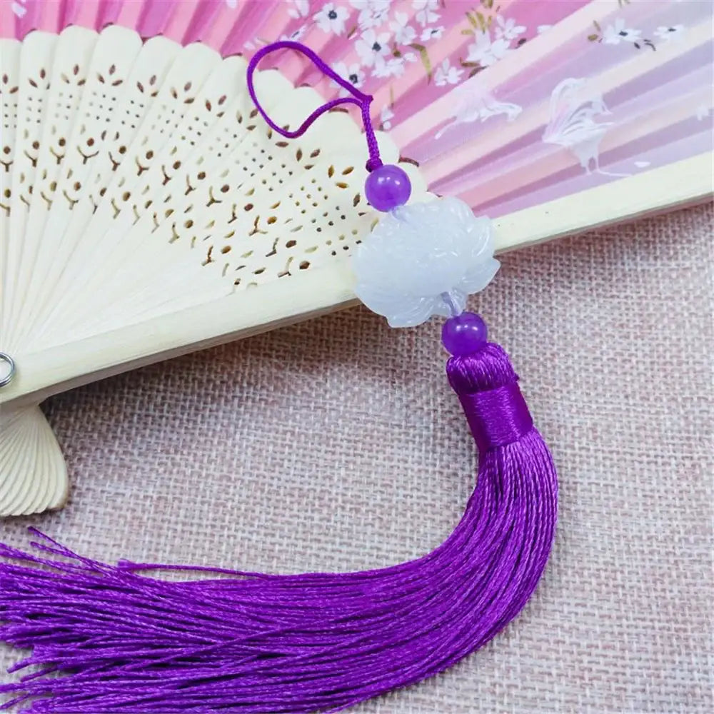 Delicate purple tassel decorative pendant with translucent white jade lotus and matching beads for living room decor