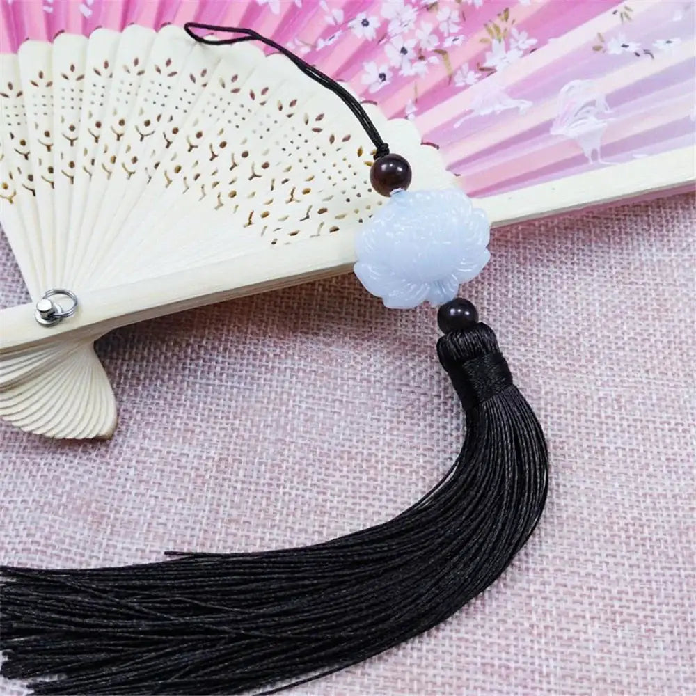 Delicate light blue white jade lotus pendant with black tassel and dark brown beads for living room decor