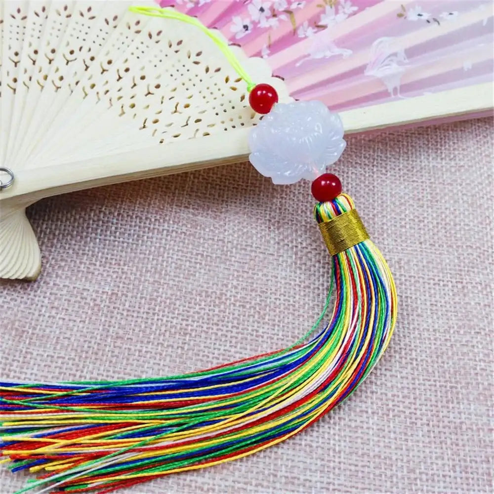 White jade lotus pendant with red beads and rainbow tassel decorative pendant for living room decor