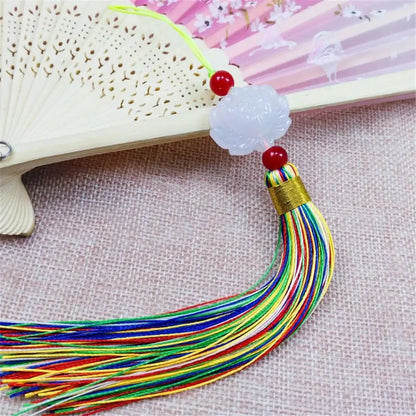 White jade lotus pendant with red beads and rainbow tassel decorative pendant for living room decor