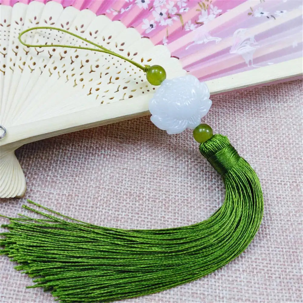 White jade lotus decorative pendant with green beads and matching green silk tassel for living room decor