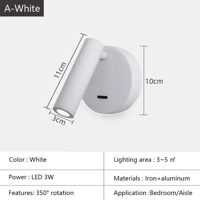 White lacquered swivelling bedroom wall lamp with push button switch made of iron and aluminum wall lamp surface