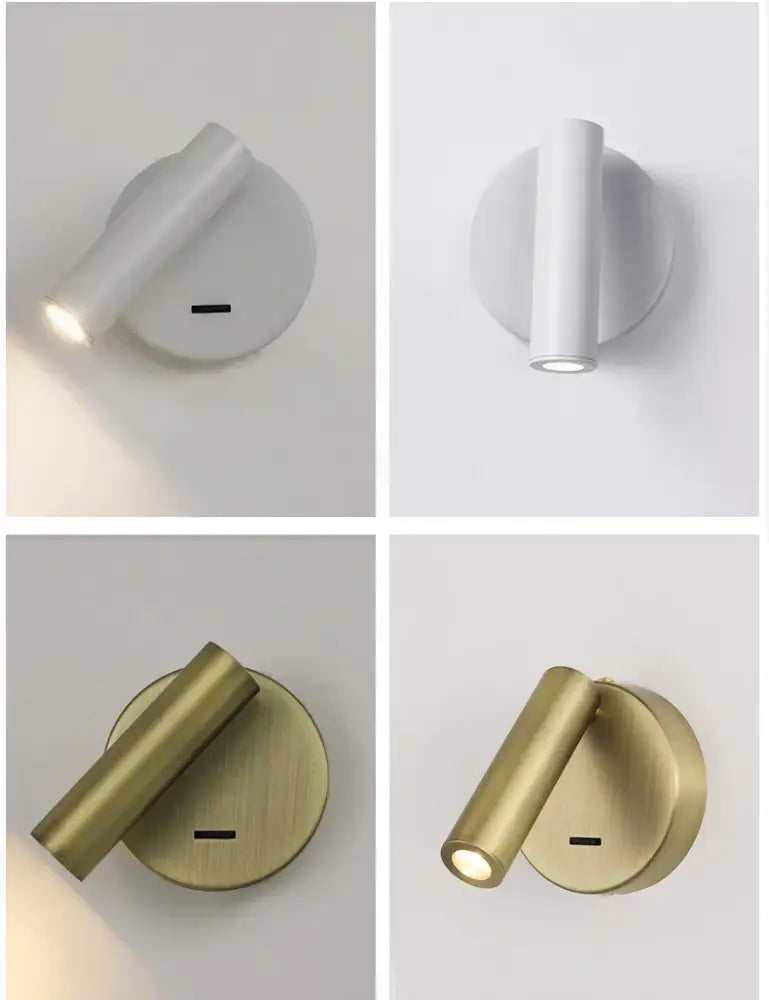 Modern minimalist white lacquered swivelling bedroom wall lamp with push button switch in matte white or brushed brass finishes wall lamps