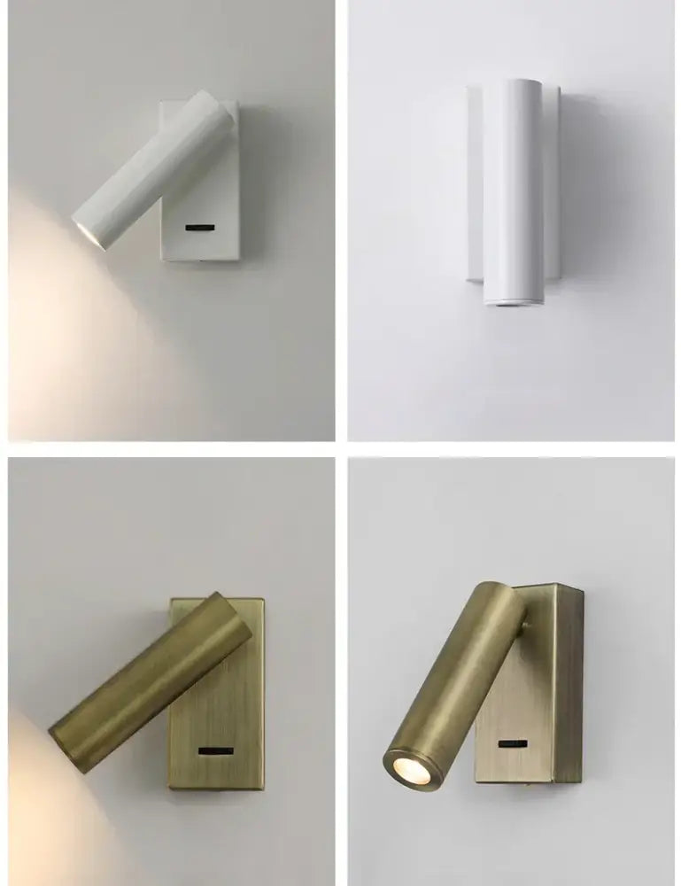 Modern adjustable bedroom wall lamp in white lacquered finish with swivelling cylindrical design and push button switch