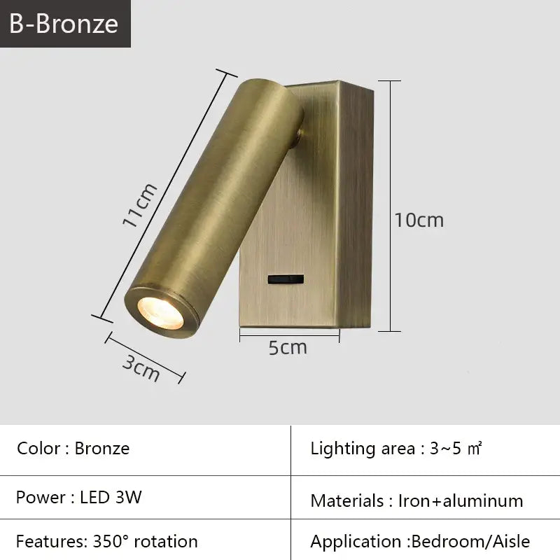 Bronze-finished wall lamp with sleek cylindrical head and rectangular base for bedroom wall lamp surface with push button switch