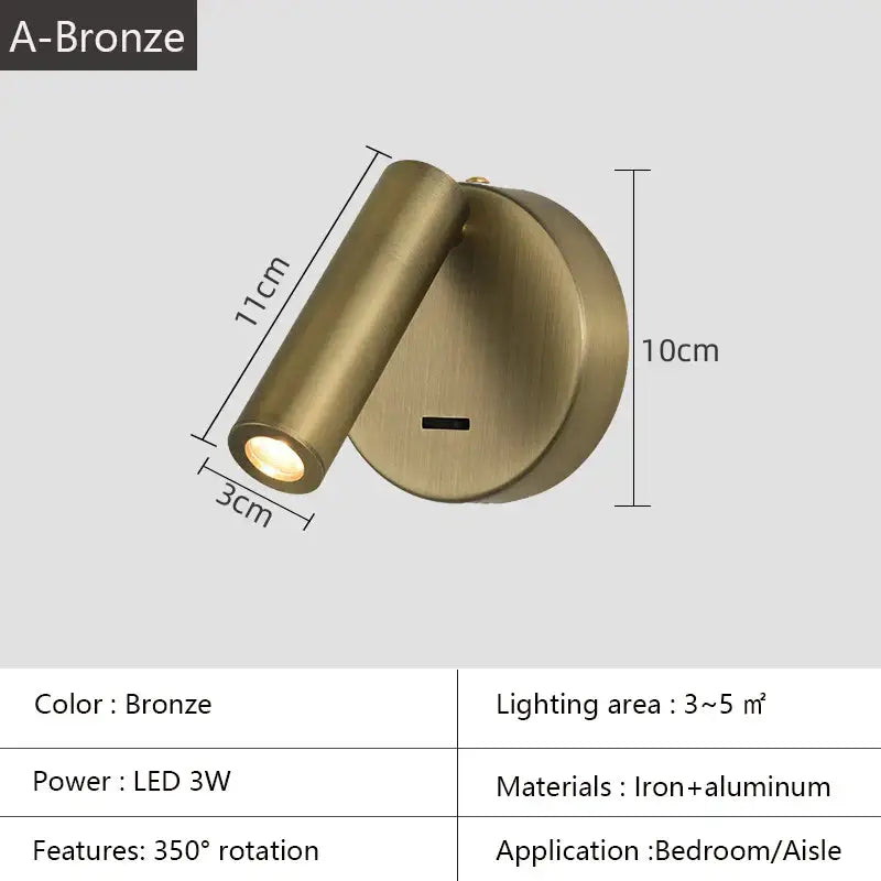 Bronze-finished wall lamp with 350° rotating head iron-aluminum construction ideal as bedroom wall lamp surface light