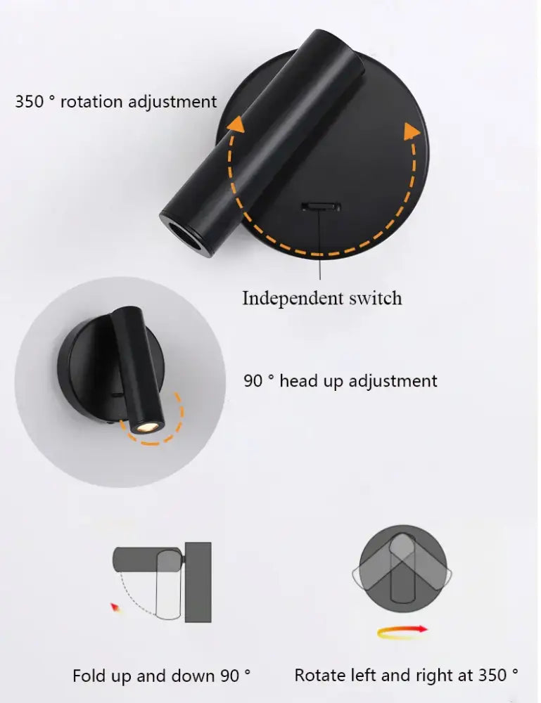 Black cylindrical wall lamp with adjustable 360-degree rotation and 90-degree tilt mounted on bedroom wall surface