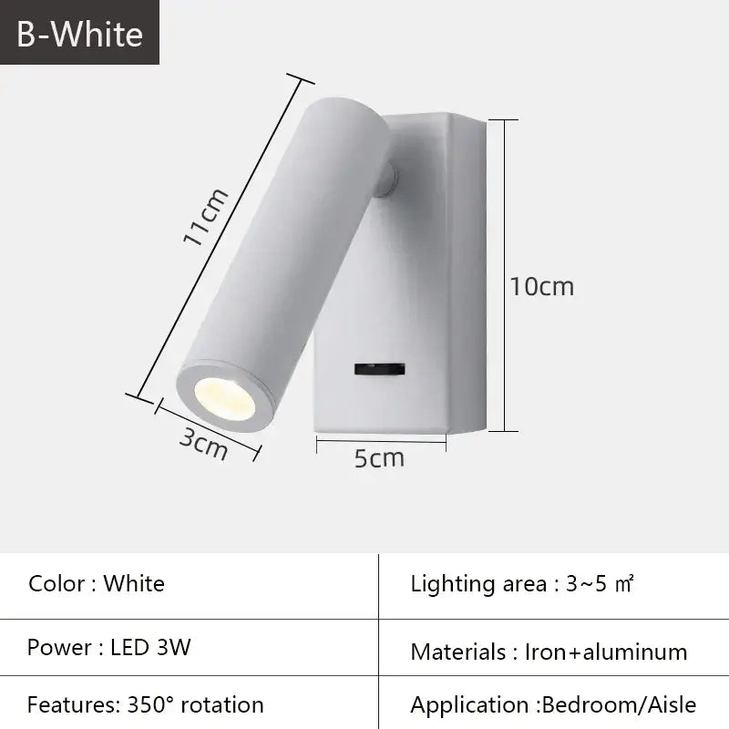 White lacquered bedroom wall lamp with swivelling cylindrical head iron aluminum wall lamp surface and push button switch