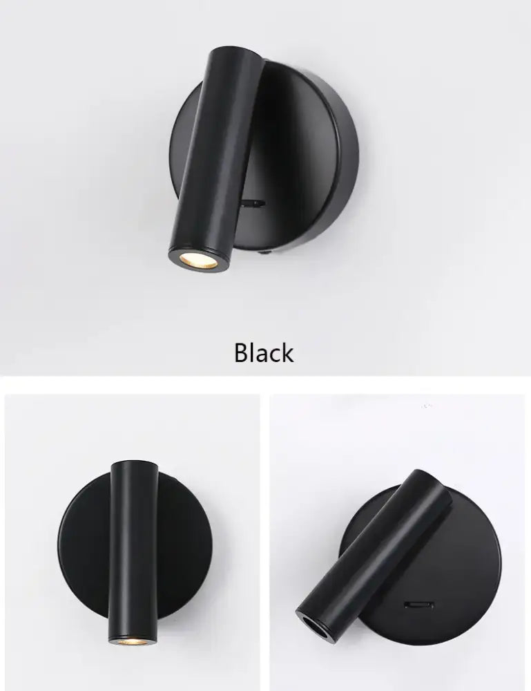 Black matte wall lamp with cylindrical head and circular base for bedroom wall lamp surface with push button switch