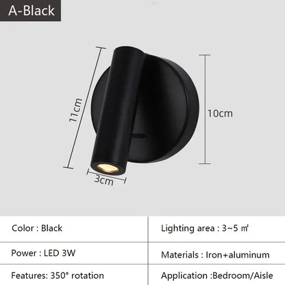 Black led wall lamp with sleek iron and aluminum design and 350 degree rotation for adjustable bedroom wall lamp lighting surface