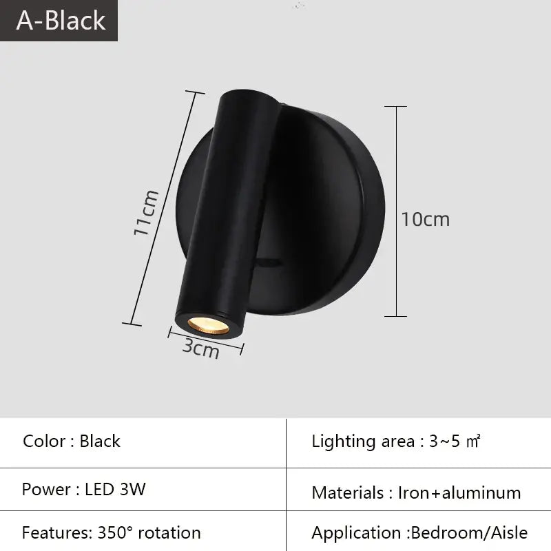 Black led wall lamp with sleek iron and aluminum design and 350 degree rotation for adjustable bedroom wall lamp lighting surface
