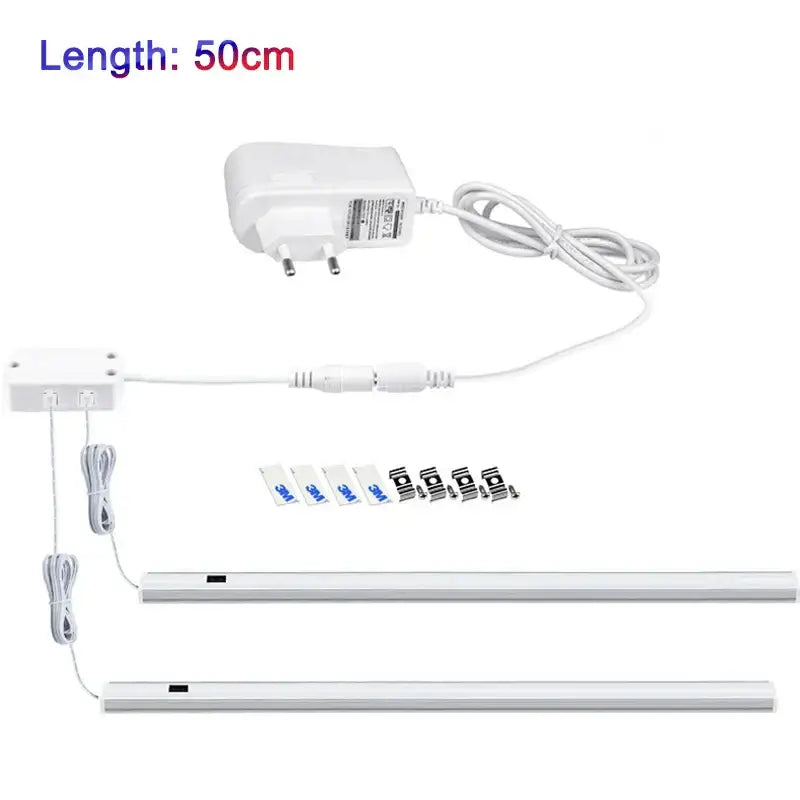 White led motion sensor cabinet light with 50cm metallic strip and mounting hardware for under counter use