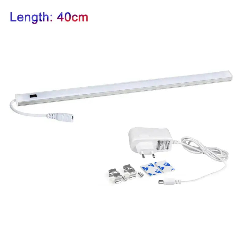 White led motion sensor cabinet light 40cm with pir motion sensor, power adapter, and mounting hardware included