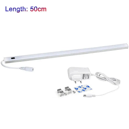 White led motion sensor cabinet light 50cm strip with power adapter and mounting hardware for kitchen under counter use