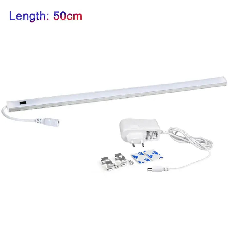 White led motion sensor cabinet light 50cm strip with power adapter and mounting hardware for kitchen under counter use