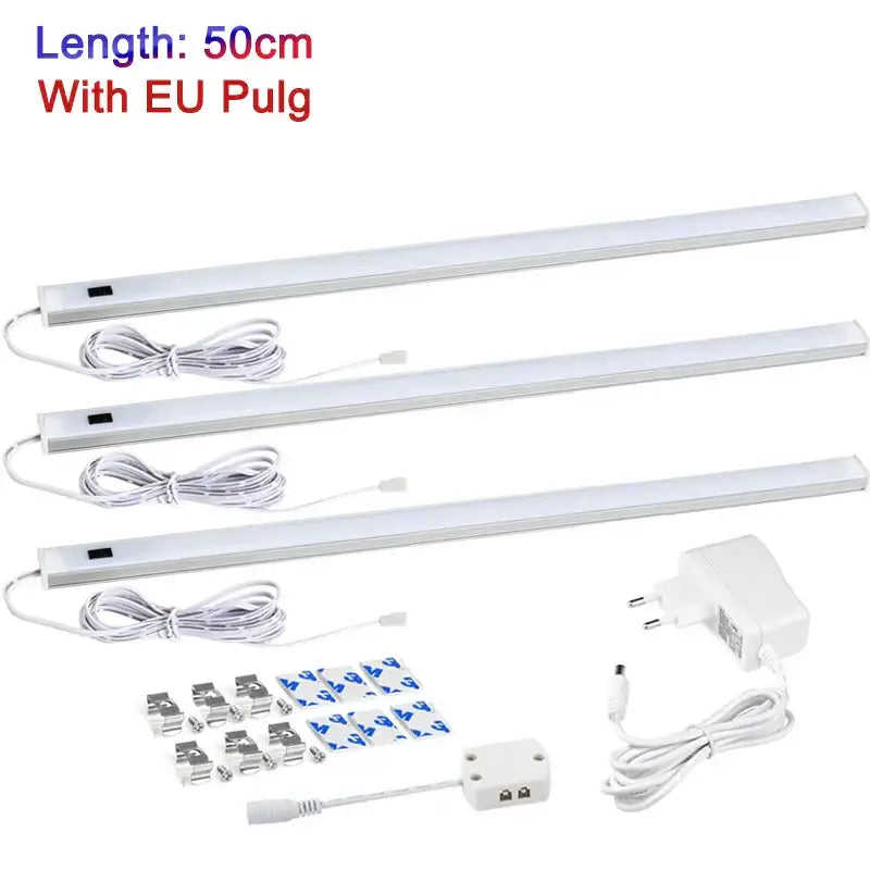 Three white led motion sensor cabinet lights 50cm with eu plug and mounting hardware for kitchen under counter use