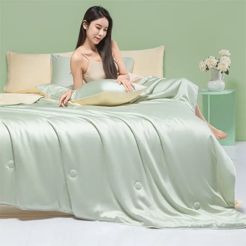 A soft light green satin duvet cover with subtle button detailing for decorbites cool feel summer quilt use