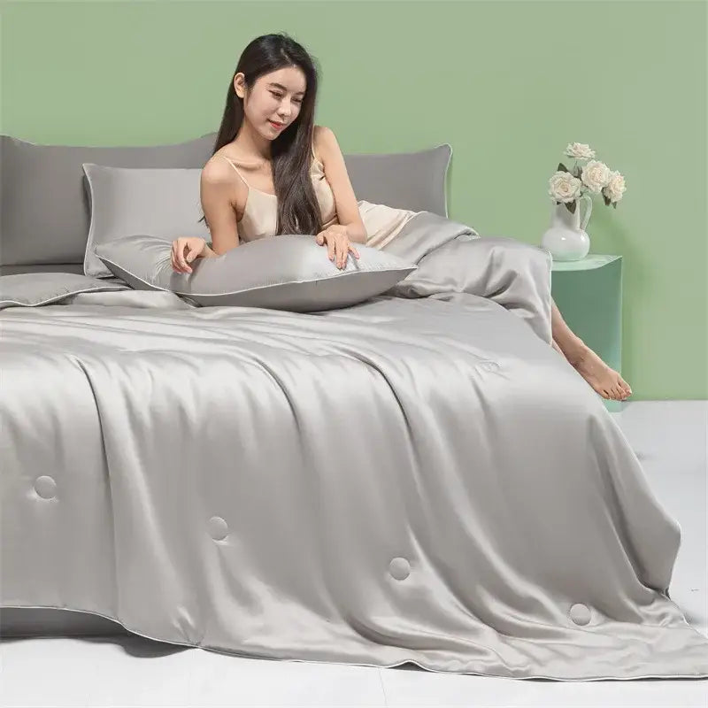 Silk-gray satin duvet cover set with subtle button detailing for decorbites cool feel summer quilt bedroom blanket