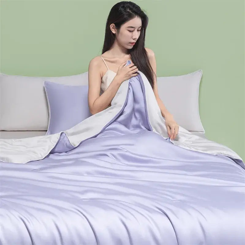 Lavender satin duvet cover set with smooth glossy finish and matching pillowcases in decorbites cool feel summer quilt bedroom blanket
