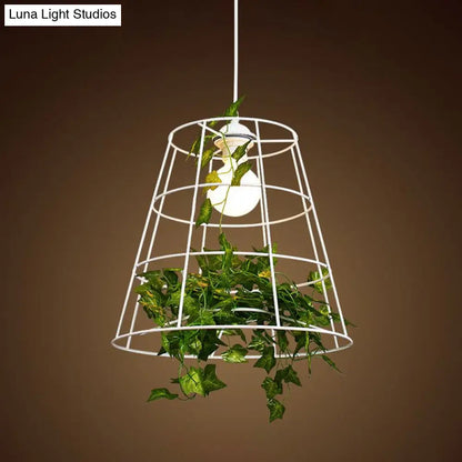 White Loft Barrel Cage Suspension Pendant with Green Leaf Deco - Iron Hanging Ceiling Light (1 Bulb)