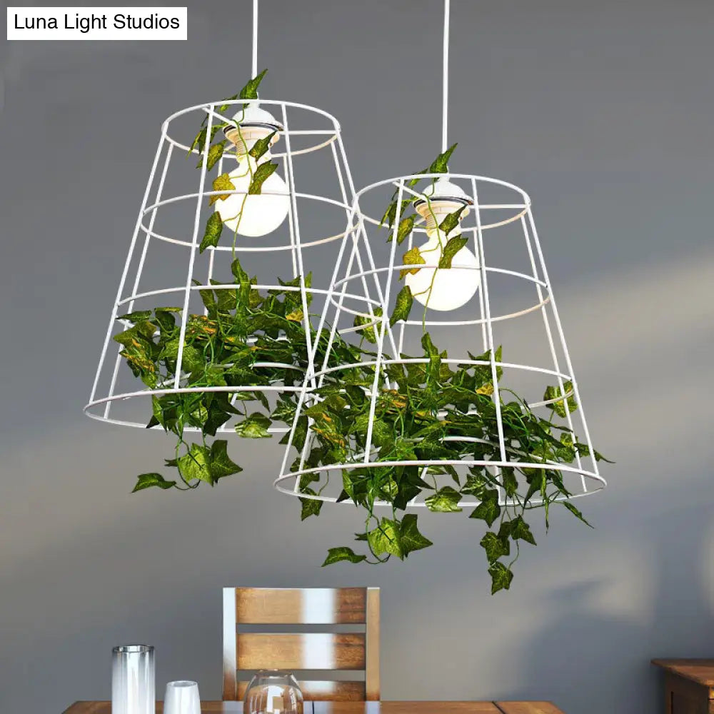 White Loft Barrel Cage Suspension Pendant with Green Leaf Deco - Iron Hanging Ceiling Light (1 Bulb)