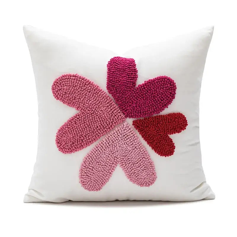 White love floral decorative sofa pillowcase with textured multi-toned pink and red heart design by decorbites decorative