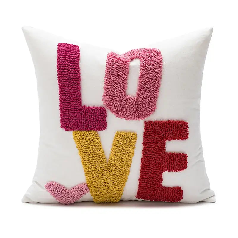 White love floral decorative sofa pillowcase with colorful textured yarn letters for decorbites decorative sofa use