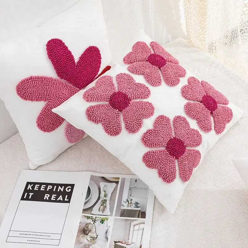 White love floral decorative sofa pillowcase with pink textured floral and heart embroidery for decorbites decorative sofa