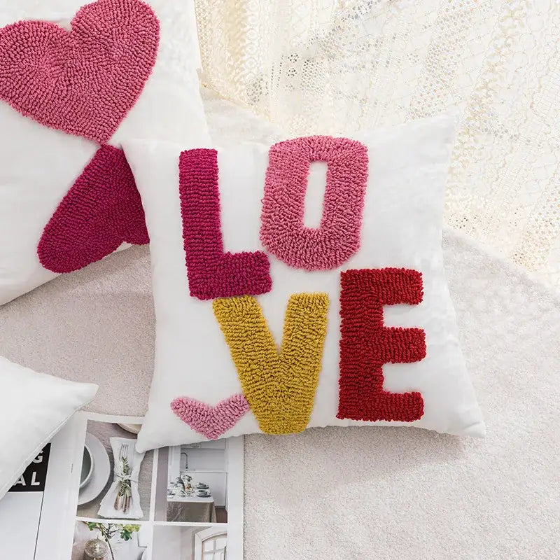 White love floral decorative sofa pillowcase with colorful textured pink and red yarn letters for decorbites decorative sofa