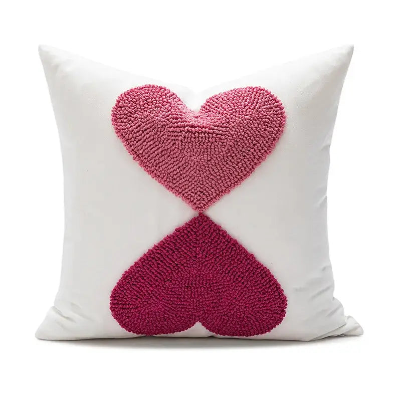 White love floral decorative sofa pillowcase with two textured plush heart appliqués in soft pink and deep magenta, decorbites decorative