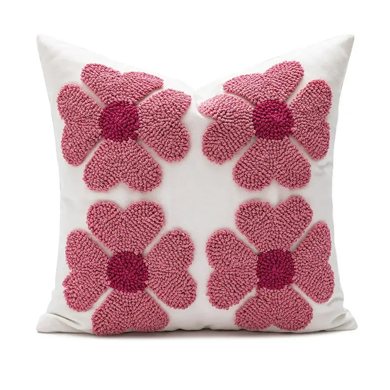 White love floral decorative sofa pillowcase with four plush yarn pink flowers and magenta centers for living room decorbites decorative sofa