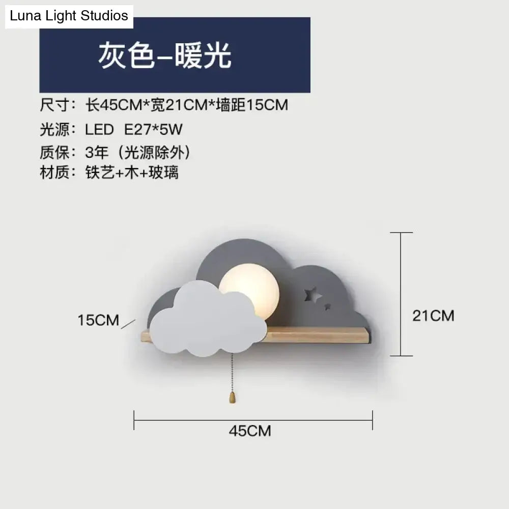 Gray macaron led cloud wall lamp with wooden shelf and star cutouts for children bedroom nordic macaron led design