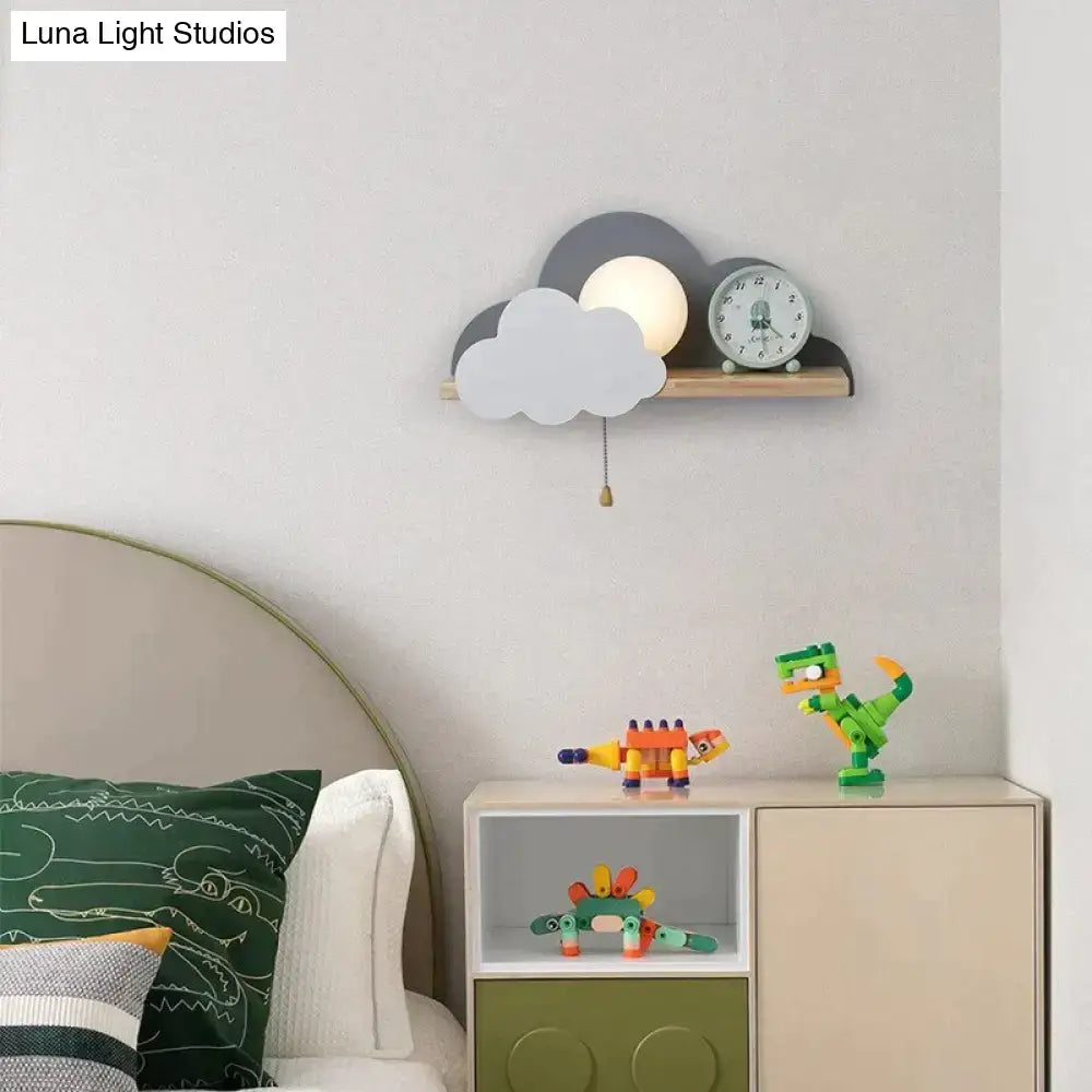 Minimalist white macaron led cloud wall lamp with gray finish holding clock and illuminated lamp for children bedroom wall decor