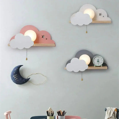 Pastel-colored macaron led cloud wall lamps with integrated round leds and wooden bases for children bedroom decor