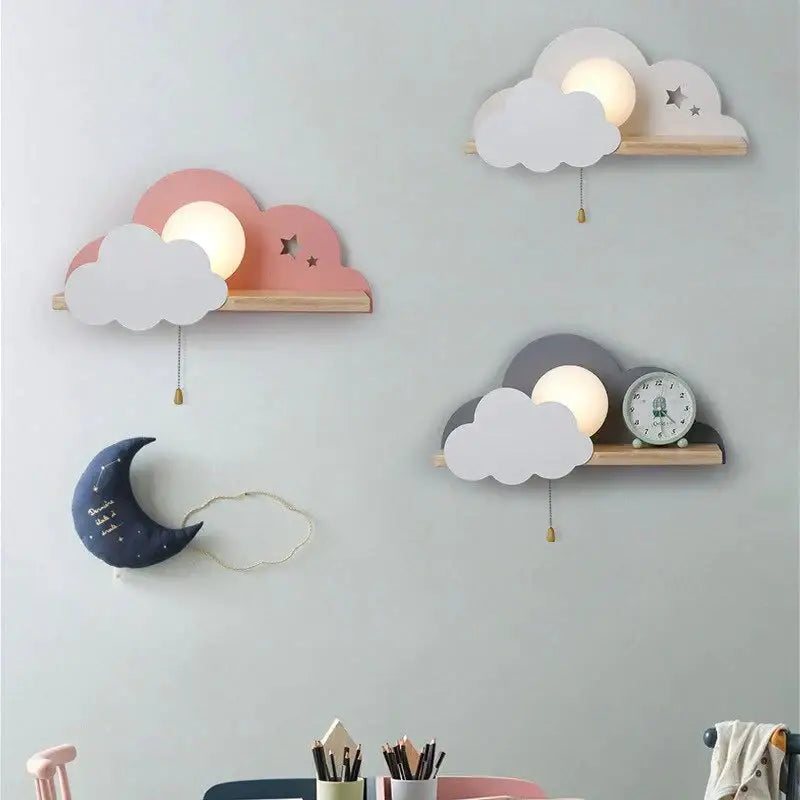 Pastel-colored macaron led cloud wall lamps with integrated round leds and wooden bases for children bedroom decor