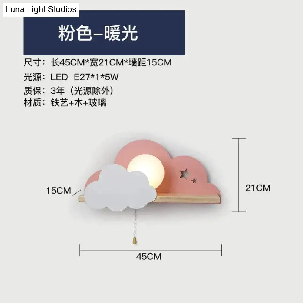 White macaron led cloud wall lamp in pink and white with star cutouts and wooden shelf for children bedroom decor