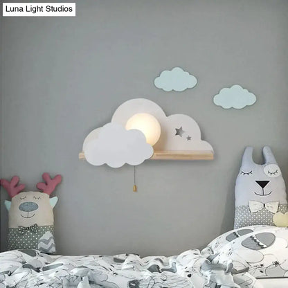 White macaron led cloud wall lamp shaped like a cloud with star cutouts and built-in circular light for children bedroom